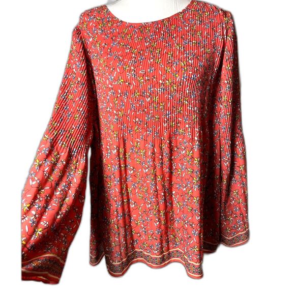 New Max Studio Red Ditsy Floral Flare Sleeve Pleated Boho Feminine Top 1X NWT - Picture 5 of 6
